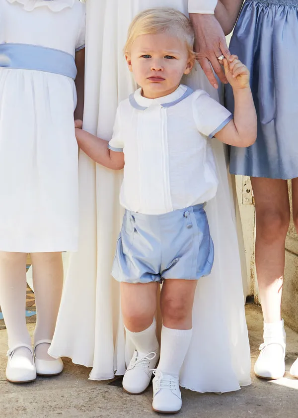 Baby Boy Celebration Blue Silk Bloomers and Linen Shirt Set (12mths-3yrs)