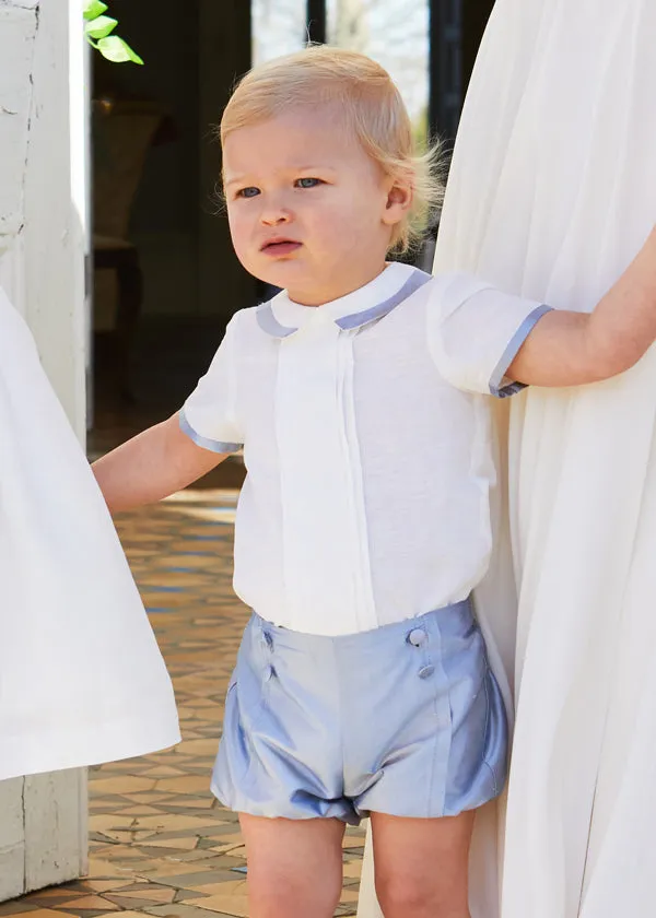 Baby Boy Celebration Blue Silk Bloomers and Linen Shirt Set (12mths-3yrs)