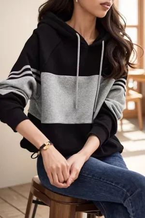 Black Loose Striped Patchwork Casual Hooded Sweater