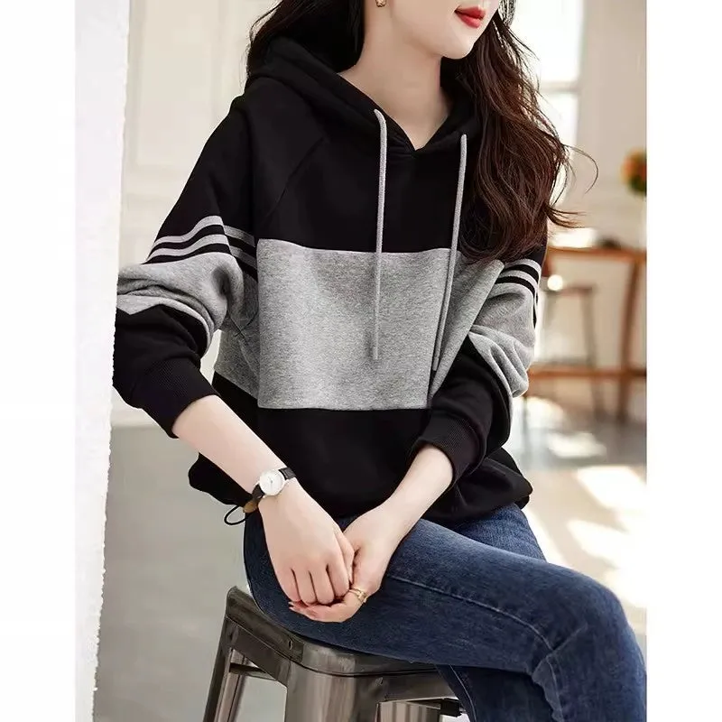 Black Loose Striped Patchwork Casual Hooded Sweater