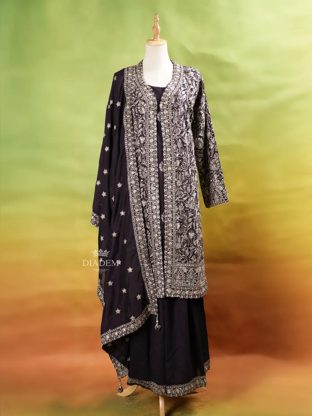 Dark Purple Palazzo Suit Adorned with Floral Embroidery, With Dupatta and Full Sleeve