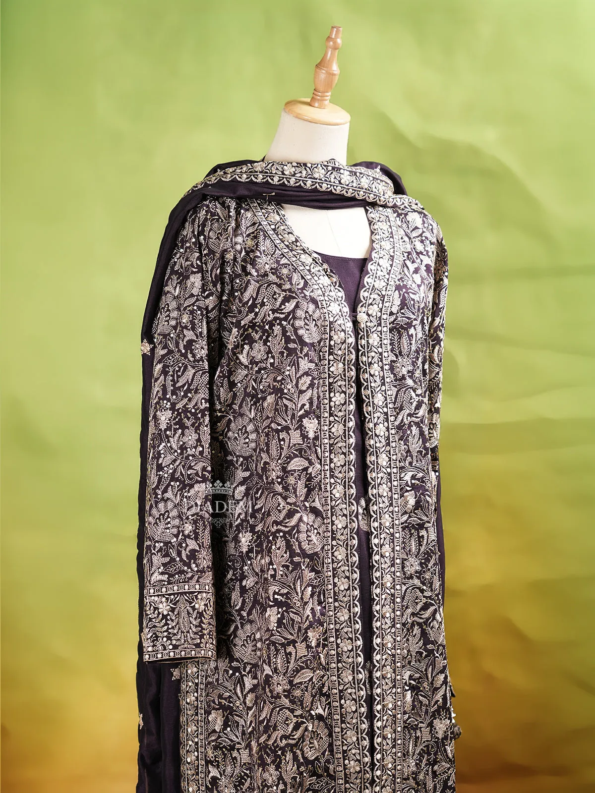 Dark Purple Palazzo Suit Adorned with Floral Embroidery, With Dupatta and Full Sleeve