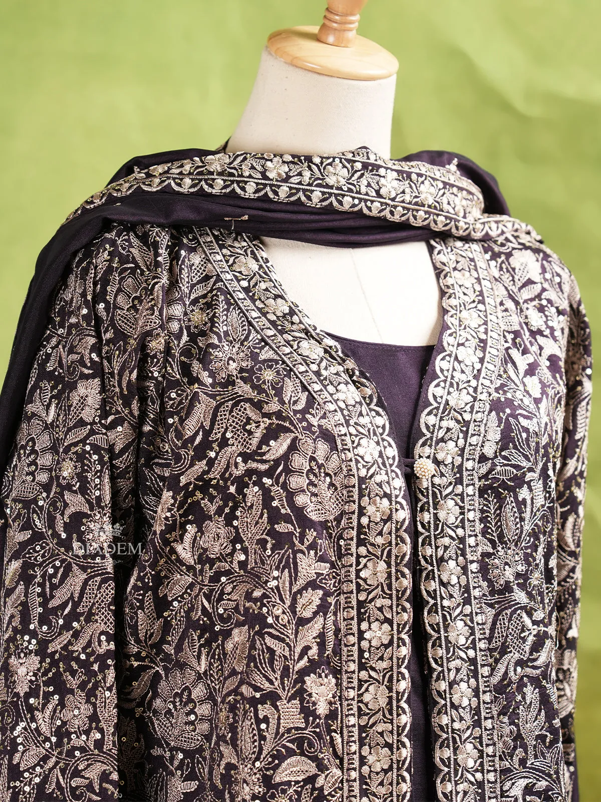 Dark Purple Palazzo Suit Adorned with Floral Embroidery, With Dupatta and Full Sleeve