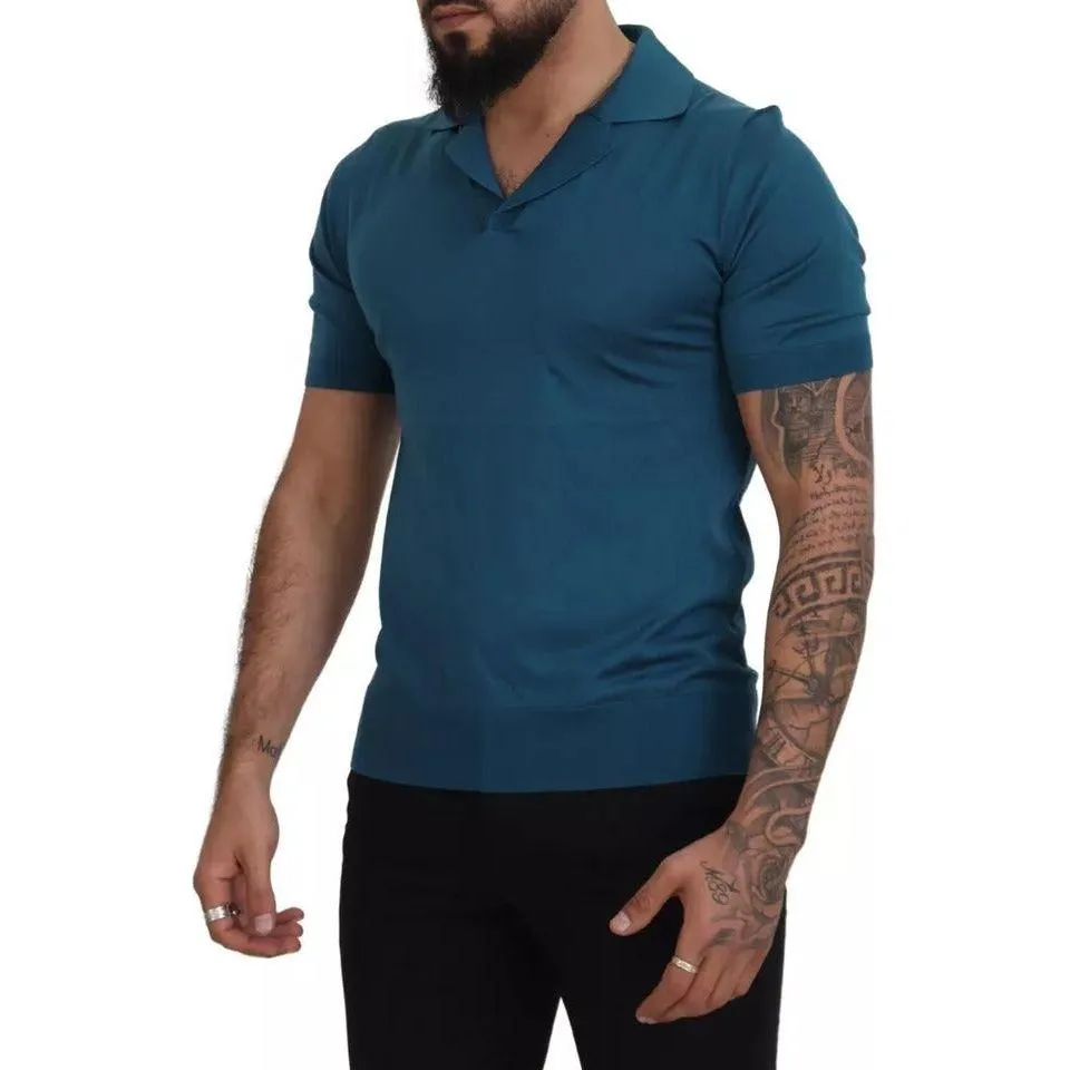 Dolce & Gabbana Blue Collared Short Sleeves Silk T-shirt