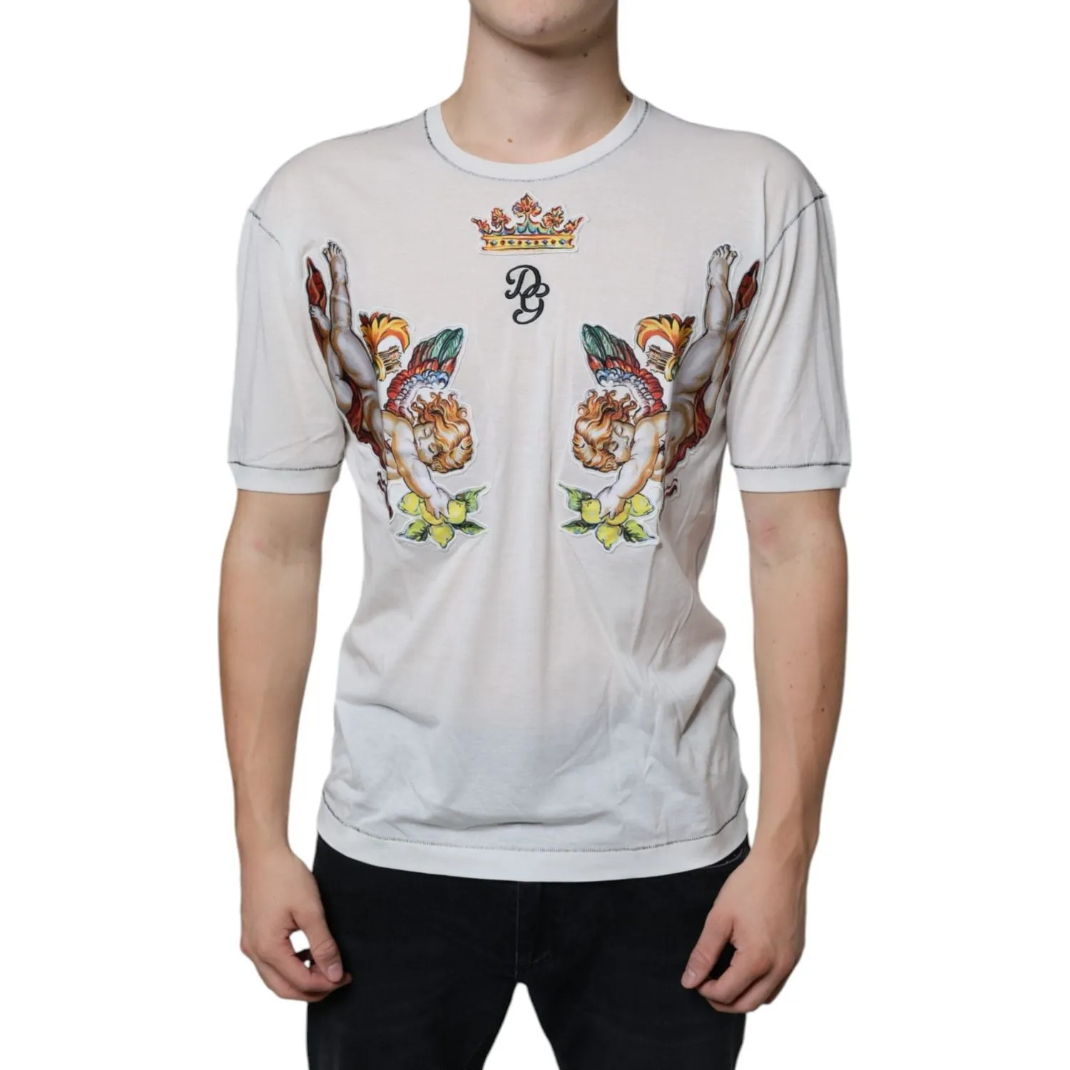 Dolce & Gabbana White Angel Crown Print Crew Neck T-shirt