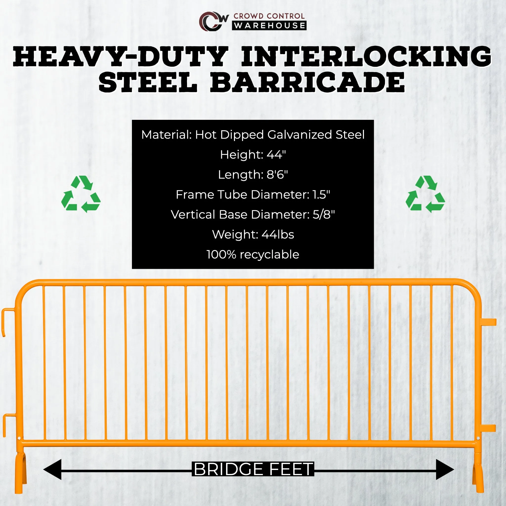 Heavy Duty Interlocking Steel Barricade, 8.5 Ft., Safety Orange - Angry Bull Barricades