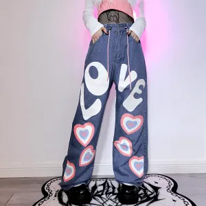 Love Heart Print Hiphop Y2K Hot Girls Street Style Loose Wide Pants Denim Jeans