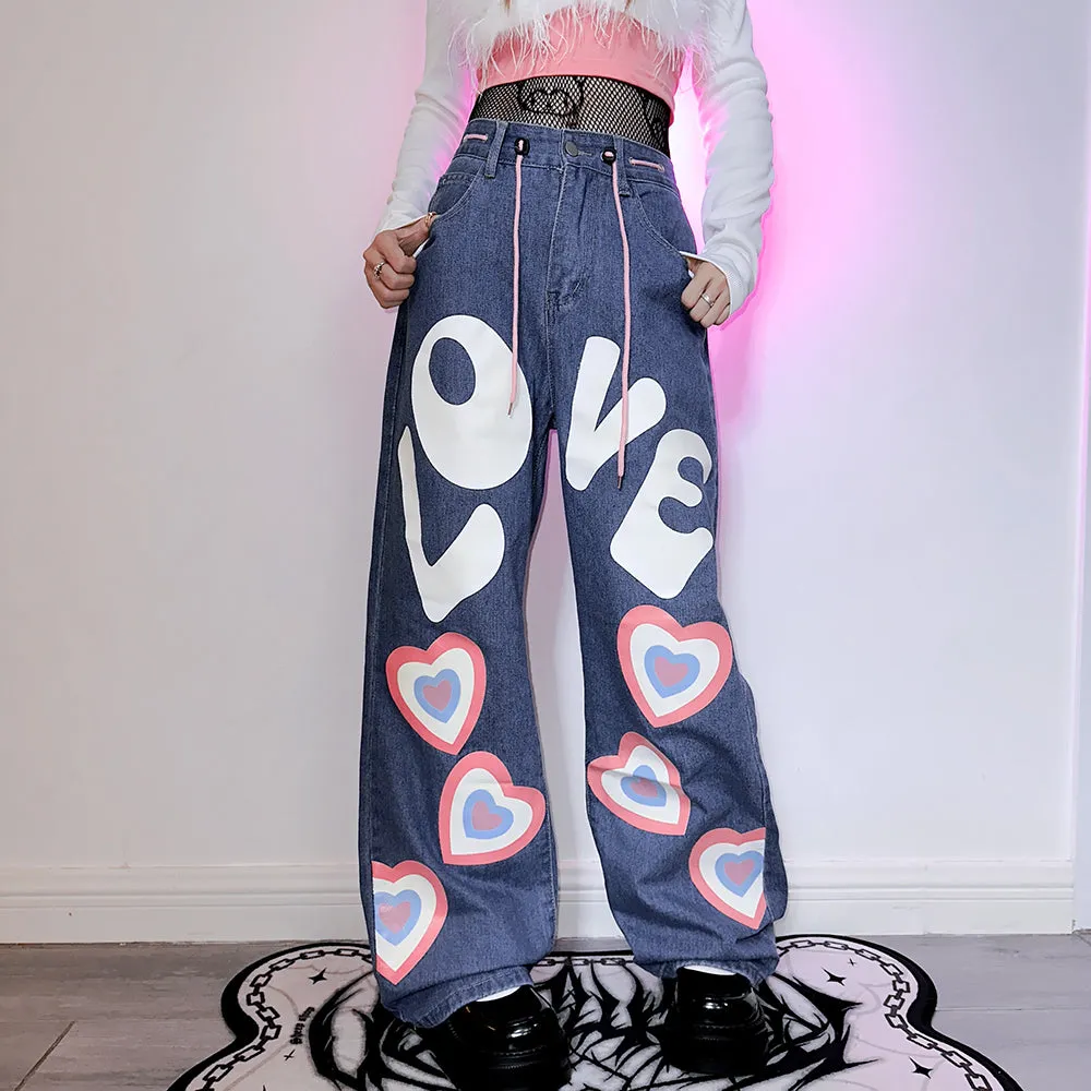 Love Heart Print Hiphop Y2K Hot Girls Street Style Loose Wide Pants Denim Jeans