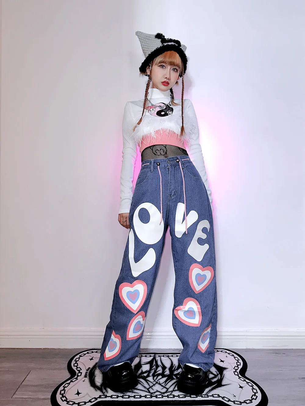 Love Heart Print Hiphop Y2K Hot Girls Street Style Loose Wide Pants Denim Jeans