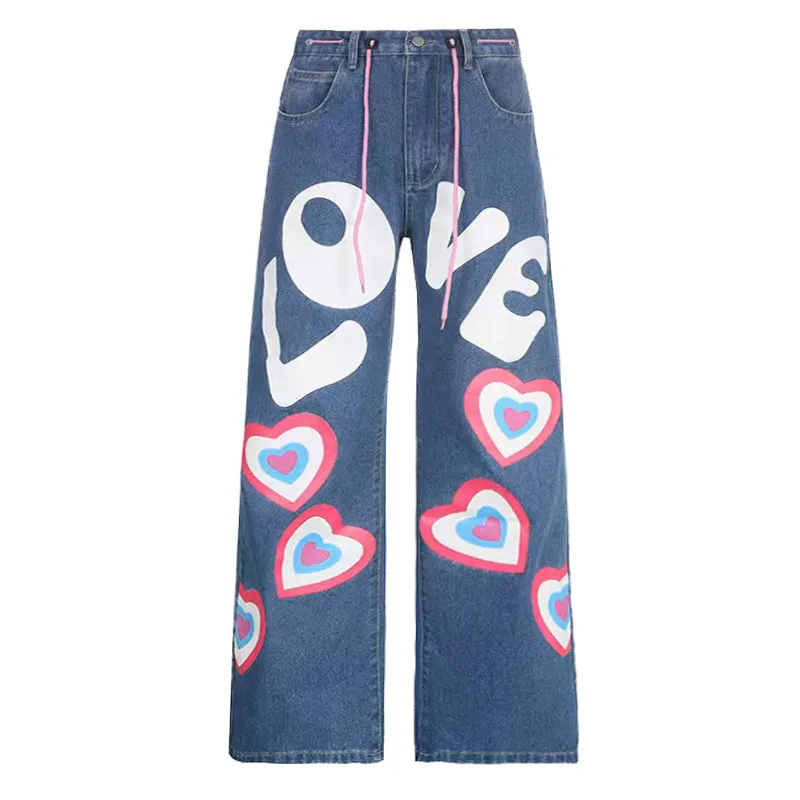 Love Heart Print Hiphop Y2K Hot Girls Street Style Loose Wide Pants Denim Jeans