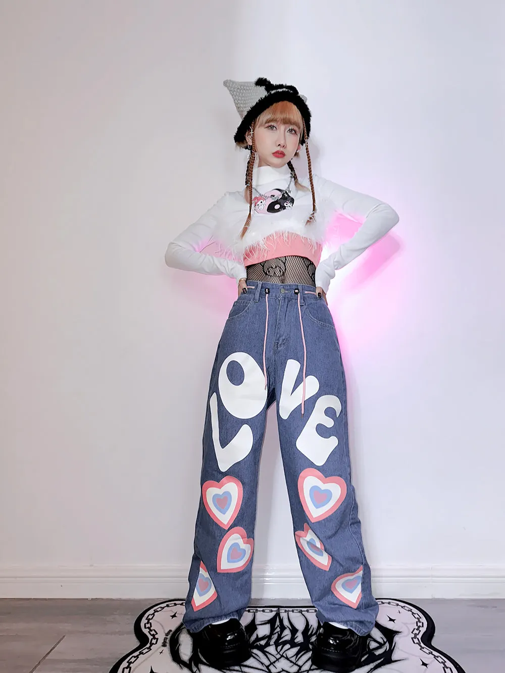 Love Heart Print Hiphop Y2K Hot Girls Street Style Loose Wide Pants Denim Jeans