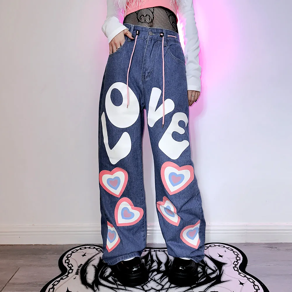 Love Heart Print Hiphop Y2K Hot Girls Street Style Loose Wide Pants Denim Jeans