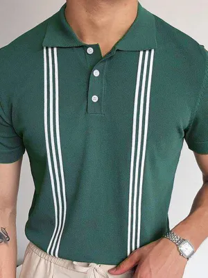 Men's Green Striped Short Sleeve Slim Fit Polo Shirt