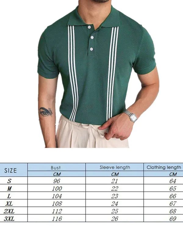 Men's Green Striped Short Sleeve Slim Fit Polo Shirt