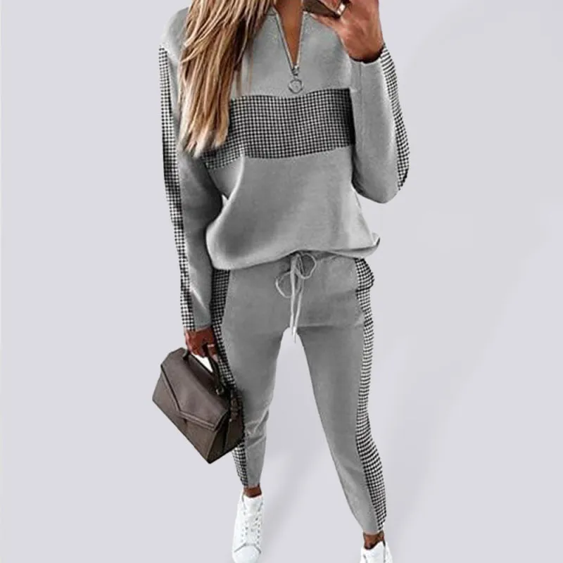 New women's gray stitching zipper track suit