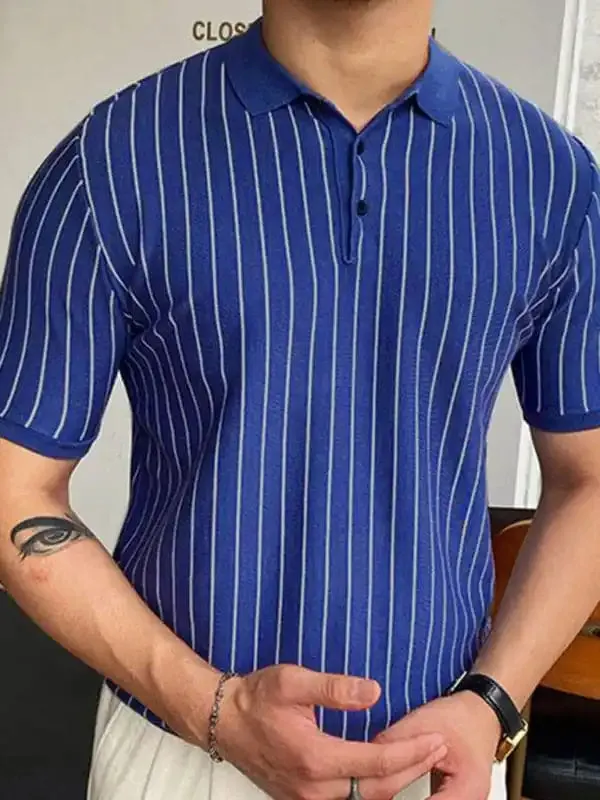 Summer new striped sweater short-sleeved lapel business Polo shirt