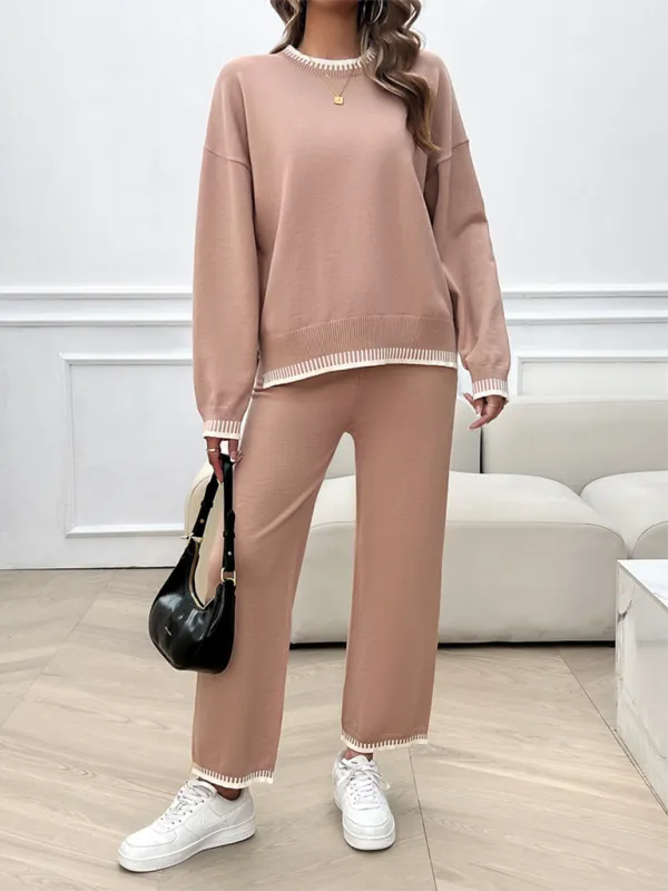 Women's Fashion Casual Contrast Color Sweater Pants Set