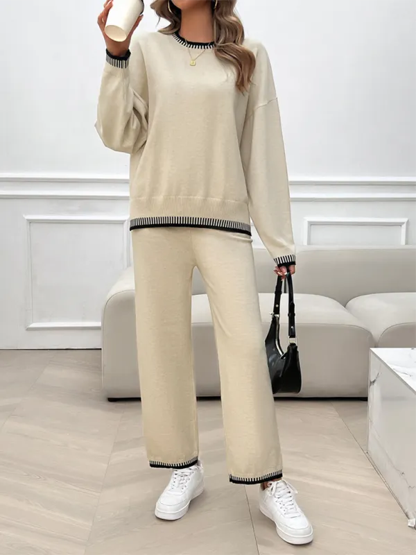 Women's Fashion Casual Contrast Color Sweater Pants Set