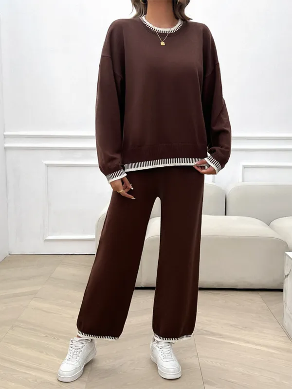 Women's Fashion Casual Contrast Color Sweater Pants Set