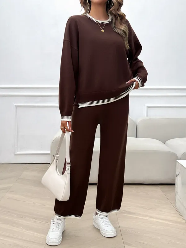 Women's Fashion Casual Contrast Color Sweater Pants Set