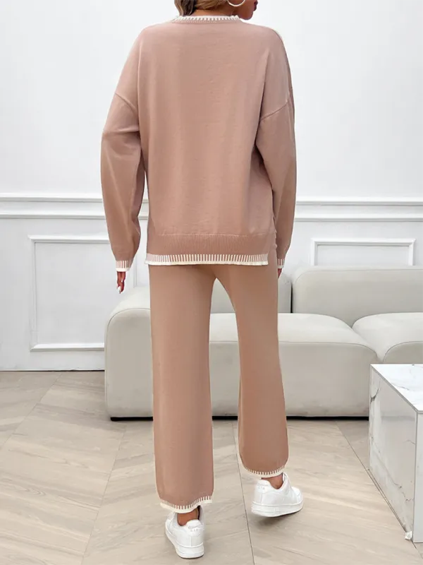 Women's Fashion Casual Contrast Color Sweater Pants Set